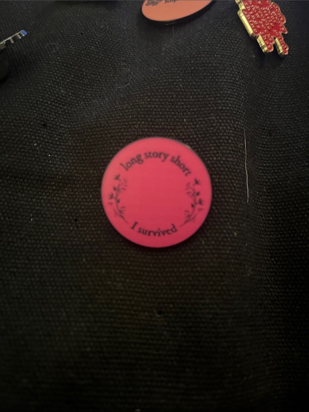 Taylor Swift Pink Enamel Round Pin - "Long Story Short I Survived"